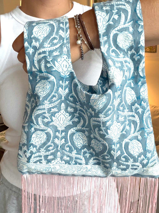 Dark Blue / Pink Fringe Knot Bag