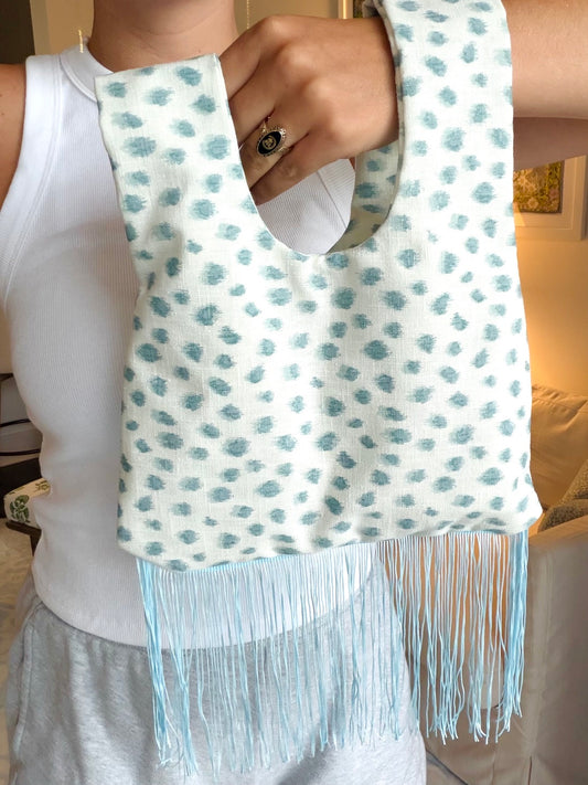 Blue Polka Dot / Blue Fringe Knot Bag