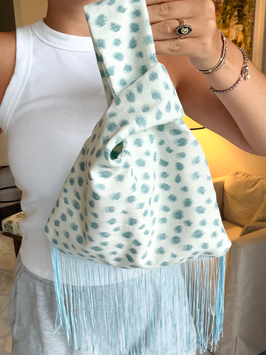 Blue Polka Dot / Blue Fringe Knot Bag