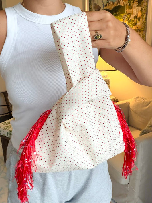 Red Polka Dot / Red Sequin Fringe Knot Bag